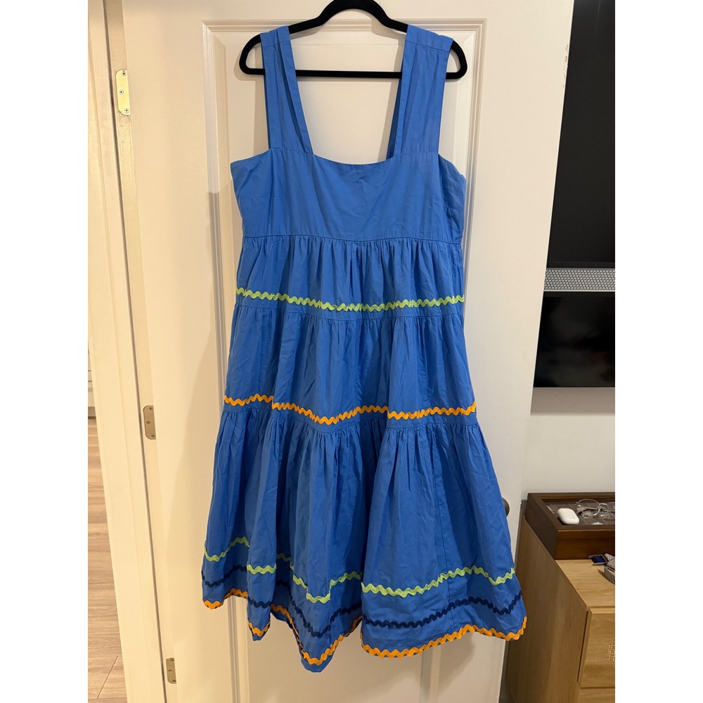 Anthropologie Tiered Rickrack Midi Dress XL Blue Excellent